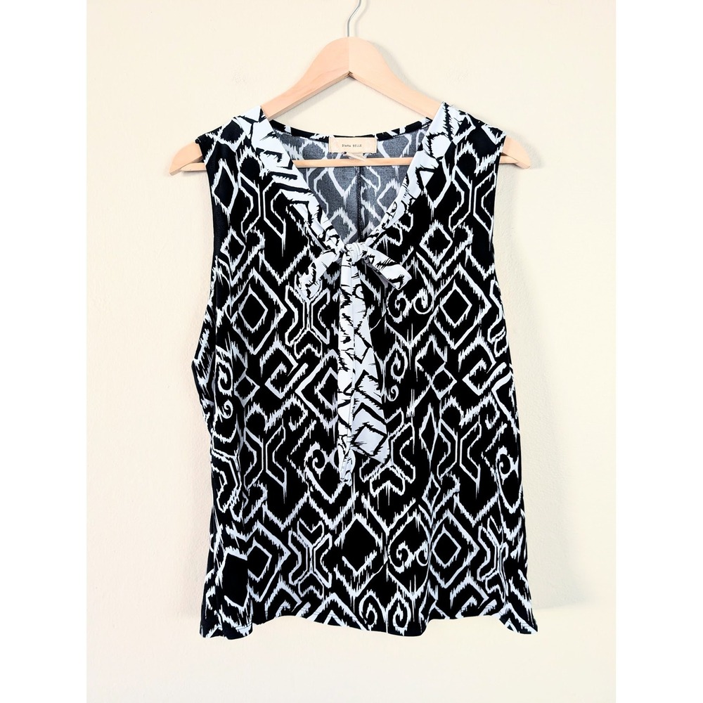 Black Ikat Print Sleeveless Bow Neck Blouse XL Diana Belle Work Modest Stretch